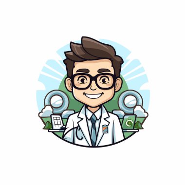 Beyaz önlüklü ve gözlüklü bir doktorun vektör çizimi. Vektör illüstrasyonu.