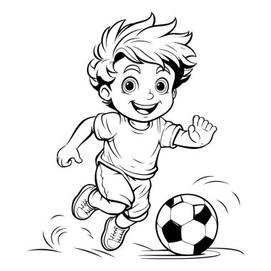 Futbol oynayan bir çocuk. Boyama kitabı için siyah ve beyaz vektör çizimi.