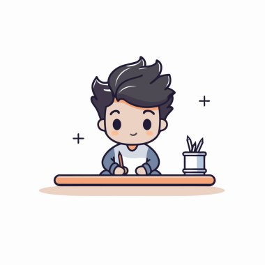 Masada oturan sevimli çocuk. Çizgi film tarzında vektör illüstrasyonu.