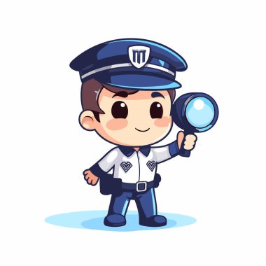 Polis elinde büyüteç tutuyor. Şirin çizgi film vektör illüstrasyonu.