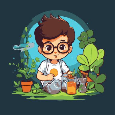 Çocuk bahçede sebze ekiyor. Bir çizgi film karakterinin vektör illüstrasyonu.