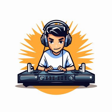 Kulaklıklı sevimli DJ çocuk pikapta müzik çalıyor. Vektör illüstrasyonu.