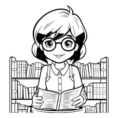 Kütüphanede kitap okuyan kız siyah-beyaz vektör resimleme grafik tasarımı