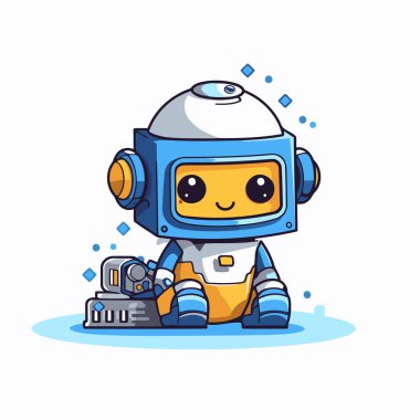 Beyaz arka planda robotu olan sevimli bir astronot çizgi filmi. Vektör illüstrasyonu.