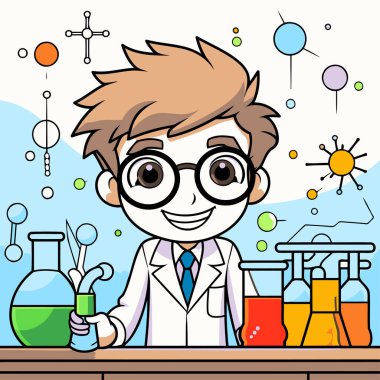 Laboratuvarda Bilimadamı kılığına girmiş bir çocuk resmi.