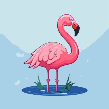 Suda pembe flamingo. Çizgi film tarzında vektör illüstrasyonu.