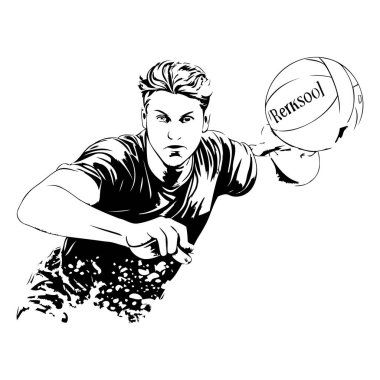 Top oynayan voleybol oyuncusu. Siyah ve beyaz vektör çizimi.