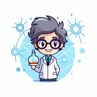 Bilim adamı çocuk elinde bir şişe su tutuyor. Çizgi film tarzında vektör illüstrasyonu.