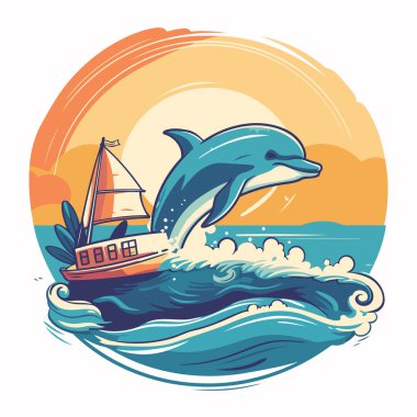 Yunus bir tekneyle denizden atlıyor. Vektör illüstrasyonu