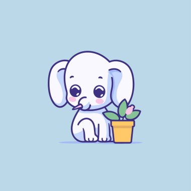 Saksıda çiçekli şirin bir fil. Vektör illüstrasyonu.