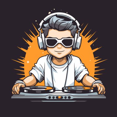 DJ kulaklıkla pikaplarda çalıyor. Vektör illüstrasyonu.