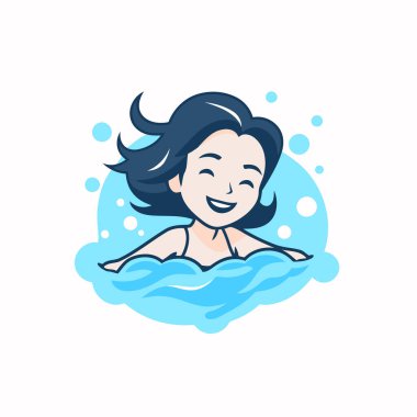 Yüzme havuzunda gülümseyen kadın. Çizgi film tarzında vektör illüstrasyonu.