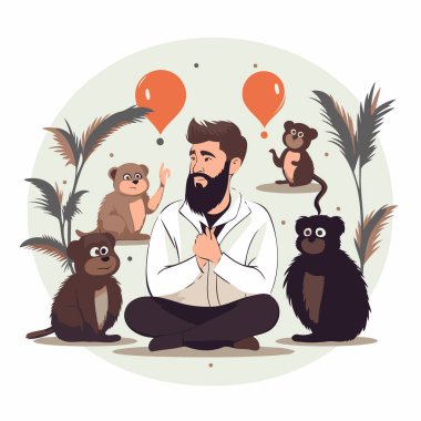 Maymunlarla meditasyon yapan bir adam. Çizgi film tarzında vektör illüstrasyonu.