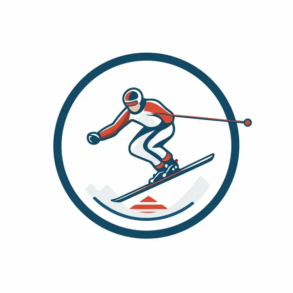 Logotipo Esqui Ilustração Vetorial Esquiador Pulando Pista Esqui — Vetor de Stock