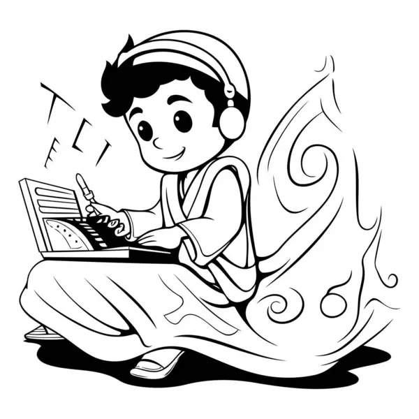 Ilustrace Dítěte Při Čtení Knihy Černobílý Kreslený Styl — Stockový vektor