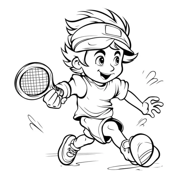 stock vector Tennis Player - Black and White Cartoon Illustration of a Kid Playing Tennis