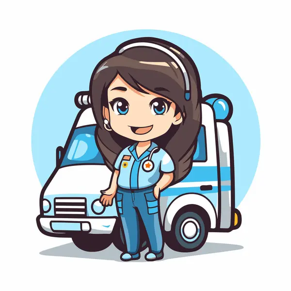 Cartoon Girl Ambulance Car Vector Illustration White Background — Stock Vector