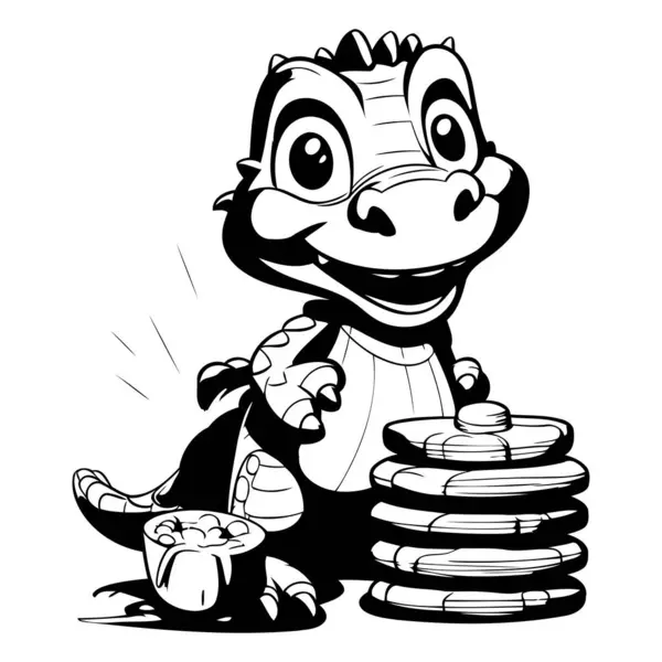 Stock vector Cute crocodile and stack of coins. black and white vector illustration