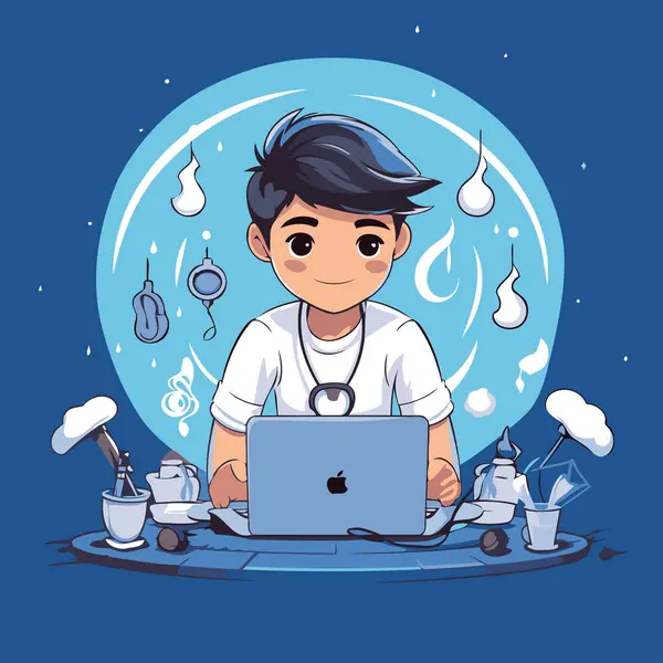Geceleri Dizüstü Bilgisayarı Üzerinde Çalışan Genç Bir Doktorun Vektör Çizimi — Stok Vektör