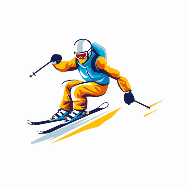 Skier in helmet and goggles skiing. extreme sport vector Illustration on a white background