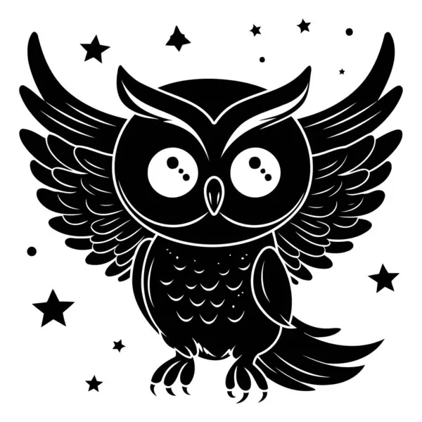 Κουκουβάγια Φτερά Και Αστέρια Ασπρόμαυρη Διανυσματική Απεικόνιση — Διανυσματικό Αρχείο