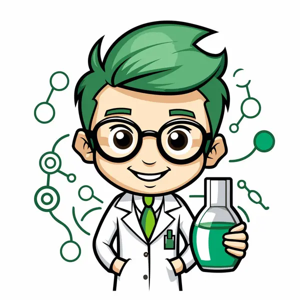 Homem Cientista Segurando Beaker Químico Personagem Mascote Vetorial — Vetor de Stock