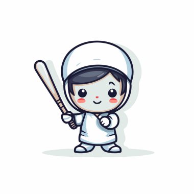 Beyzbol sopası tutan sevimli astronot. Çizgi film tarzı. Vektör illüstrasyonu.