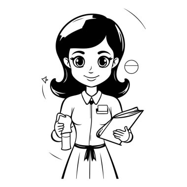 Elinde ders kitabı olan bir bayan öğretmenin siyah beyaz çizimi..