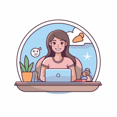 Evde dizüstü bilgisayarı olan kız. Çizgi film tarzında vektör illüstrasyonu.