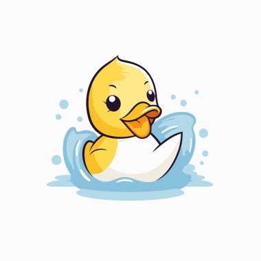 Suda yüzen sevimli sarı ördek yavrusu. Vektör illüstrasyonu.