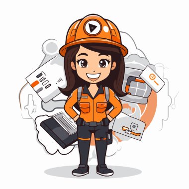 Kaskı ve araç gereçleri olan sevimli çizgi film kızı inşaat işçisi. Vektör illüstrasyonu.