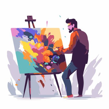 Tablo düz vektör illüstrasyonunda sanatçı resmi. Erkek ressam tuvale boya ve fırçalarla resim çiziyor. - Sanat. yaratıcılık ve sanat konsepti