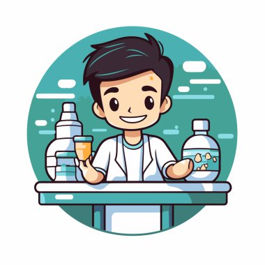 Bir şişe su ve el dezenfektanı olan bir adam vektör çizim grafik tasarımı