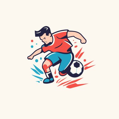 Futbolcu topa vuruyor. Çizgi film tarzında vektör illüstrasyonu.