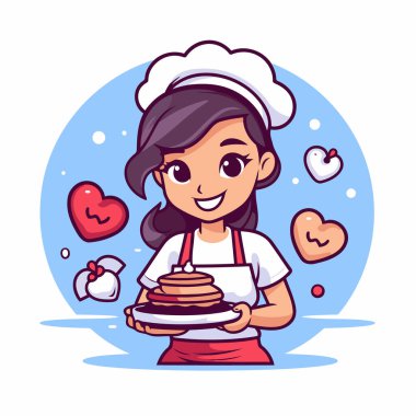 Küçük tatlı şef kız elinde bir tabak pasta tutuyor. Vektör illüstrasyonu.