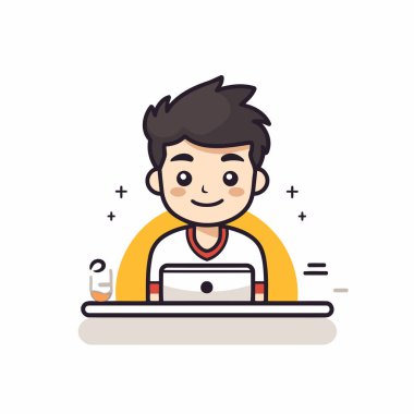 Dizüstü bilgisayarda çalışan adam. Ev kavramından çalış. Düz biçim vektör illüstrasyonu.