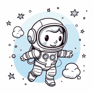 Uzayda şirin küçük bir astronot. Bir çizgi film karakterinin vektör illüstrasyonu.