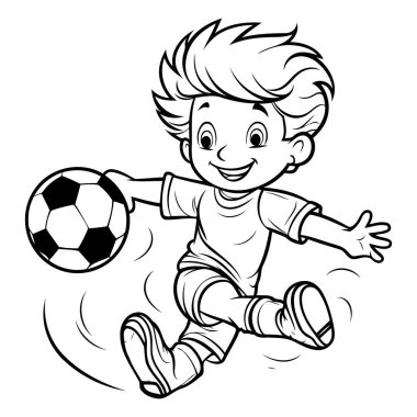 Futbol oynayan çocuk - Siyah ve Beyaz Çizgi Film İllüstrasyonu. Beyaz Arkaplanda İzole Edilmiş