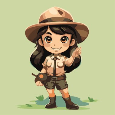 Safari kıyafetli şirin çizgi film kızı. Tasarımınız için vektör illüstrasyonu