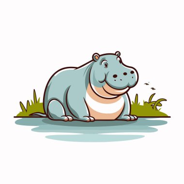 Otların arasında su aygırı var. Beyaz arkaplanda vektör illüstrasyonu.