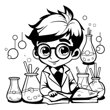 Bilim adamı çocuk siyah-beyaz vektör illüstrasyon grafik tasarımı karaladı