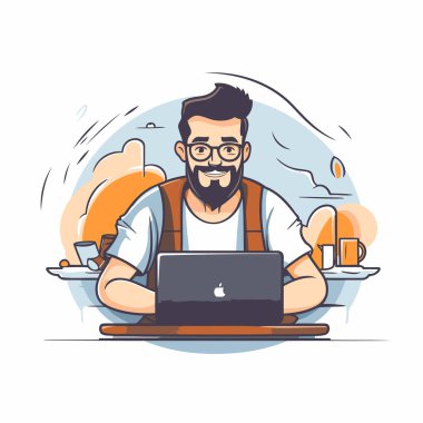 Masada dizüstü bilgisayarla oturan sakallı bir hipster 'ın vektör çizimi..