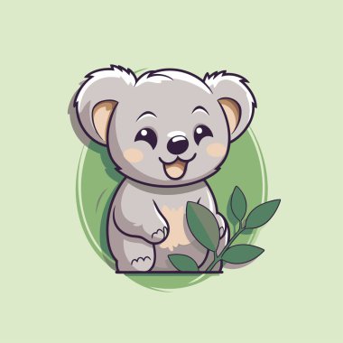 Yeşil arka planda yaprakları olan sevimli bir koala. Vektör illüstrasyonu.
