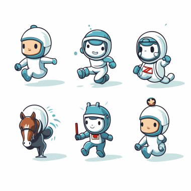 Bir grup sevimli astronot karakteri. Beyaz arkaplanda çizgi film tarzında vektör illüstrasyonu.