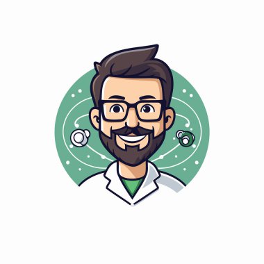 Beyaz önlüklü, sakallı ve gözlüklü bir doktorun vektör çizimi.