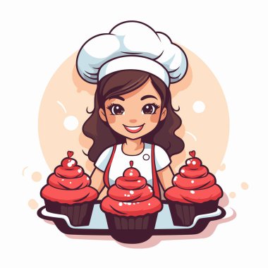 Kekleri olan tatlı bir aşçı kız. Vektör çizgi film illüstrasyonu.