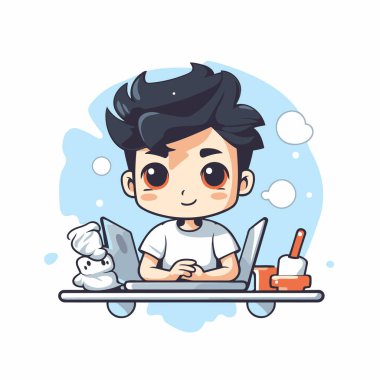 Evde dizüstü bilgisayarla çalışan şirin bir çocuk. Vektör illüstrasyonu.