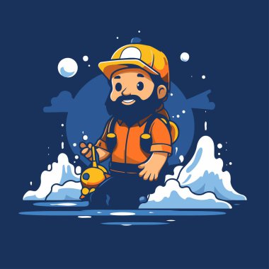 Çizgi film madencisi. Karın arka planında bir madencinin vektör illüstrasyonu.