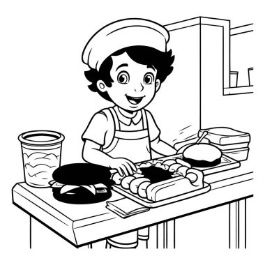 Mutfakta yemek yapan bir çocuğun vektör çizimi. Siyah ve beyaz.