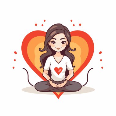 Kırmızı kalbin arka planında lotus pozisyonunda meditasyon yapan bir kız.